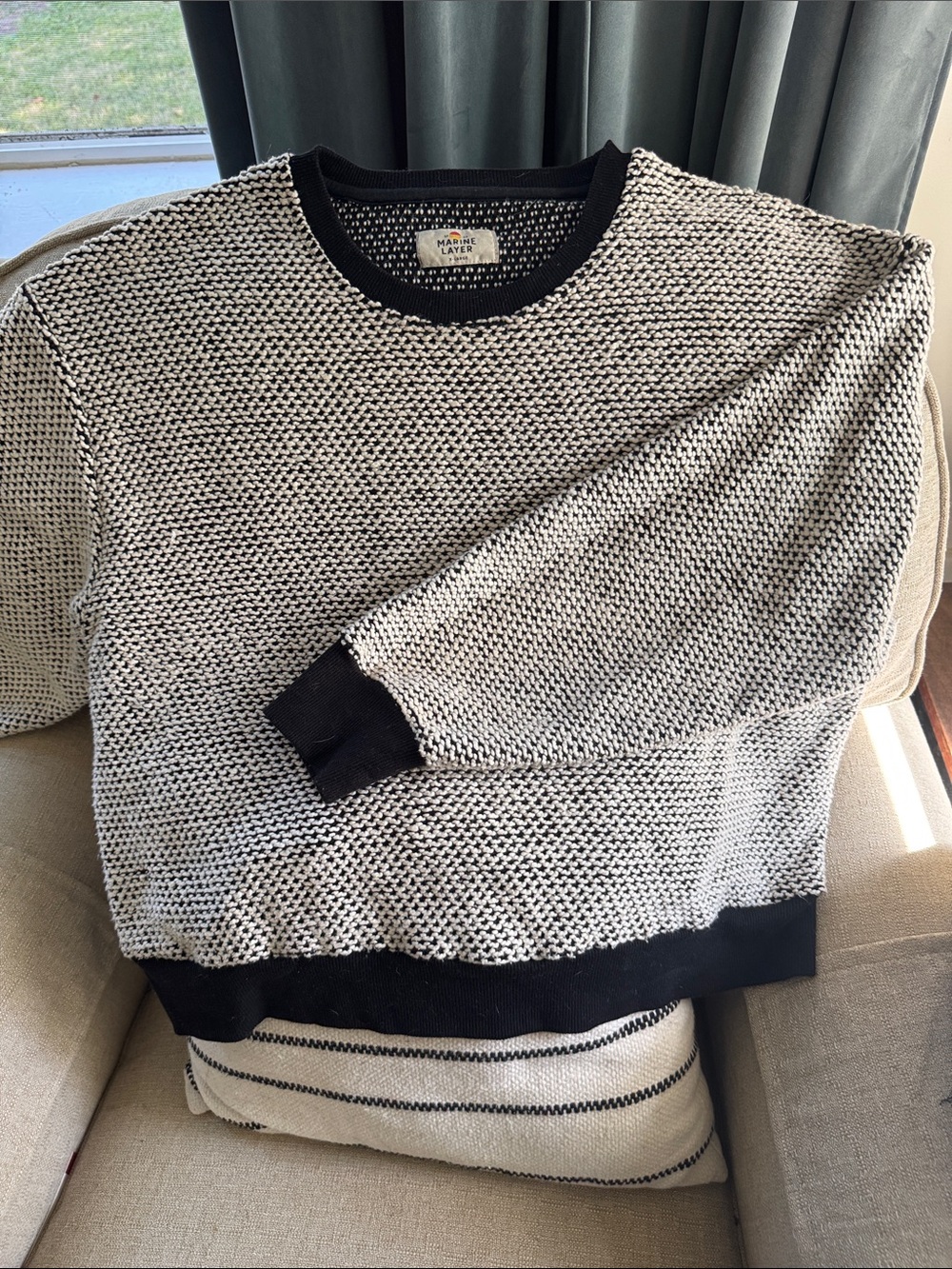 Marine Layer Black and White Textured Crewneck Sweater